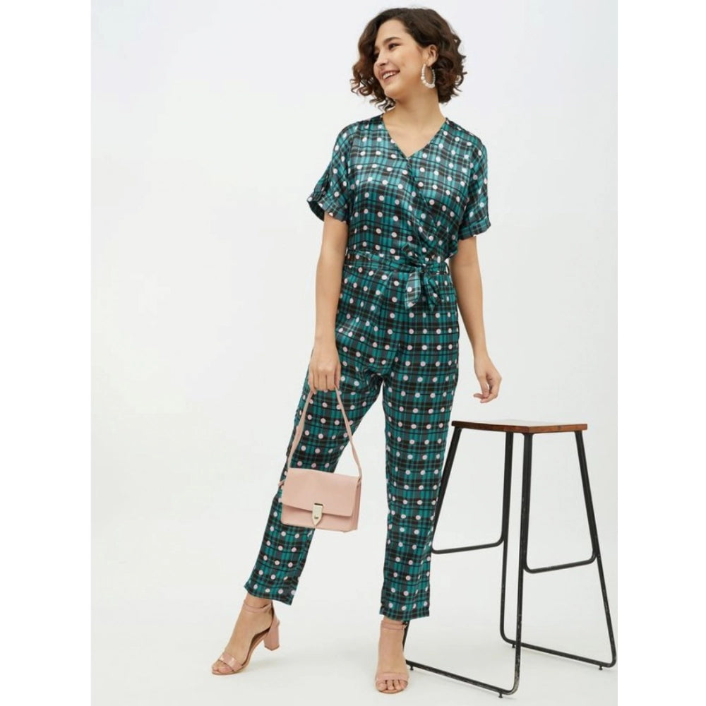 Women's green polyester short sleeve jumpsuit