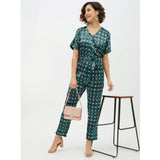Women's green polyester short sleeve jumpsuit