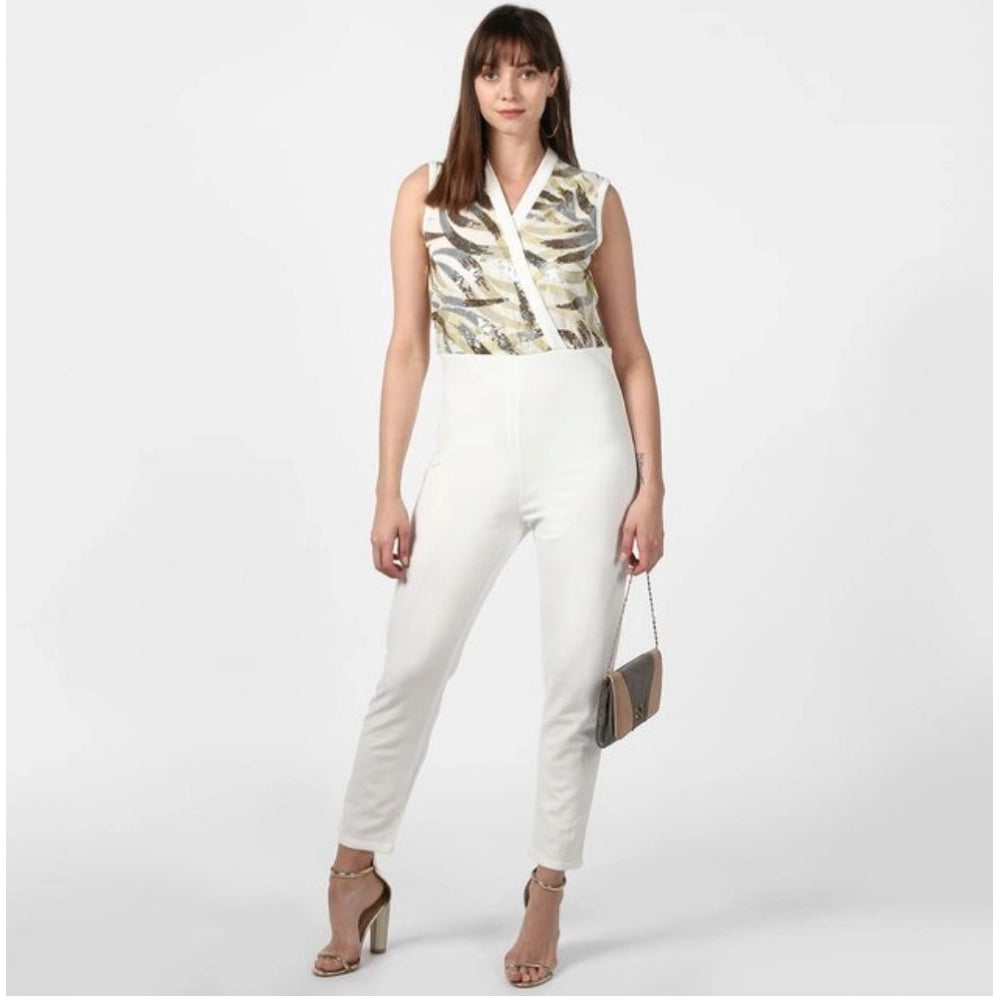 White polyester jumpsuit with embellishments, sleeveless