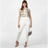 White polyester jumpsuit with embellishments, sleeveless