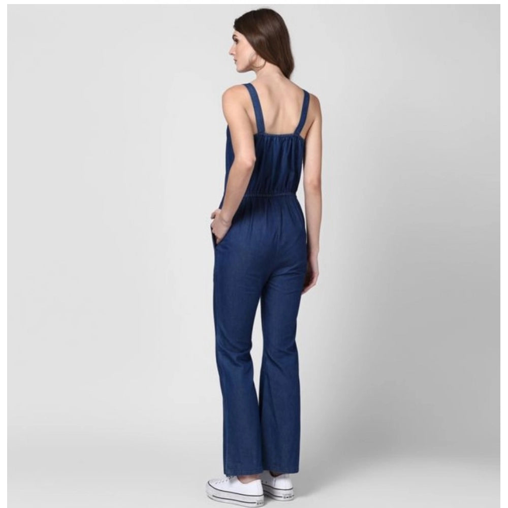 Blue denim jumpsuit with solid shoulder straps