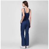 Blue denim jumpsuit with solid shoulder straps