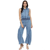 Women's blue denim jumpsuit with frayed hem sleeveless