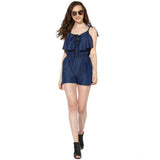 Denim jumpsuit with ruffled shoulder straps, women's fashion blue jean fabric