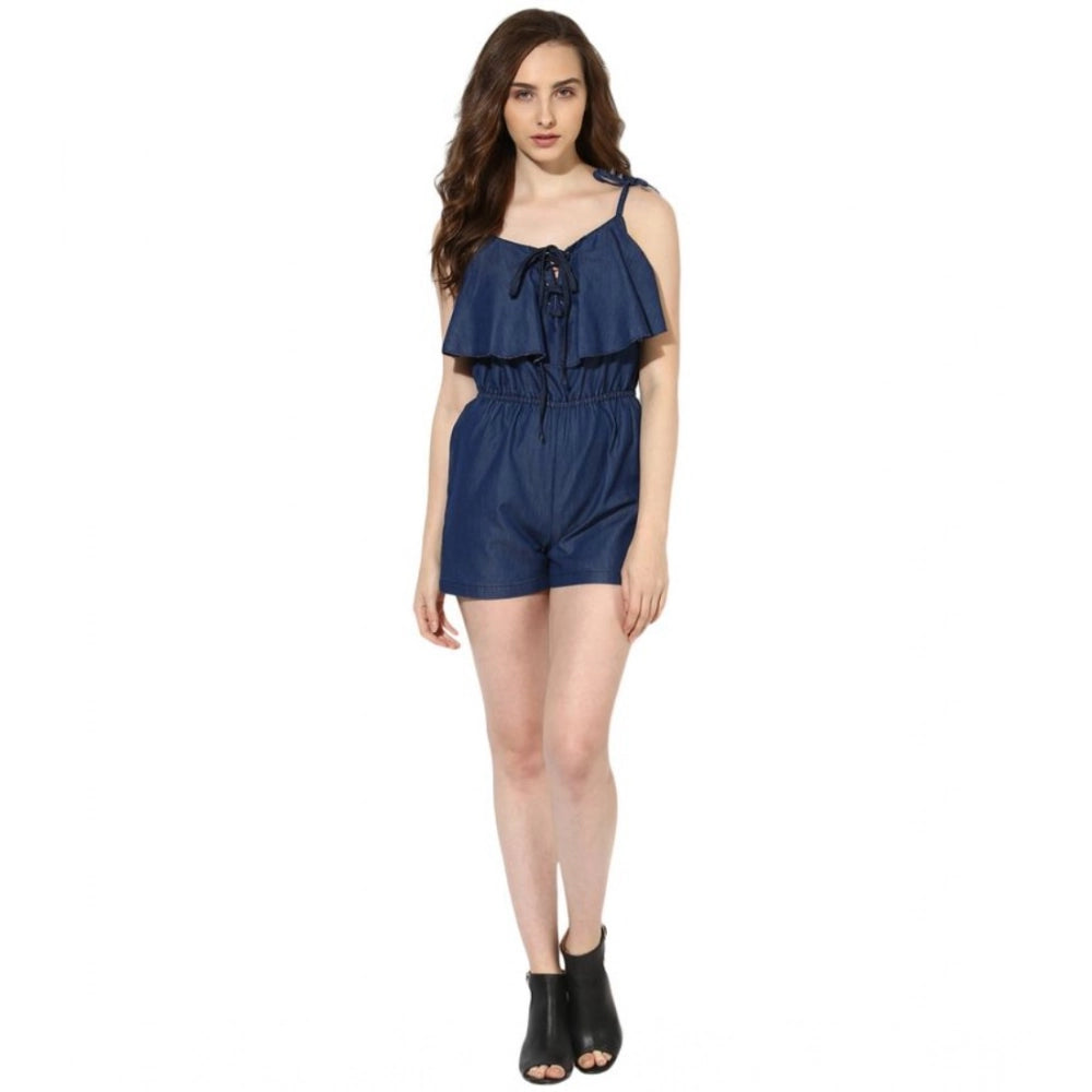 Blue denim jumpsuit with ruffled shoulder straps