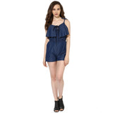 Blue denim jumpsuit with ruffled shoulder straps