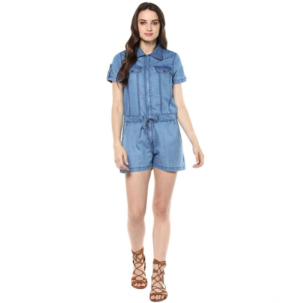 Women's denim blue jumpsuit, short sleeves