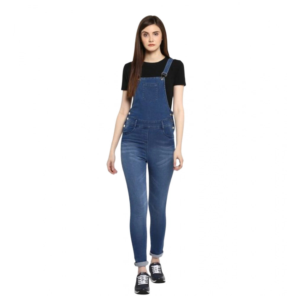 Solid blue denim dungarees, women's style, overalls pants