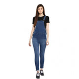 Solid blue denim dungarees, women's style, overalls pants