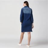Navy blue denim jacket with distressed wash long sleeves
