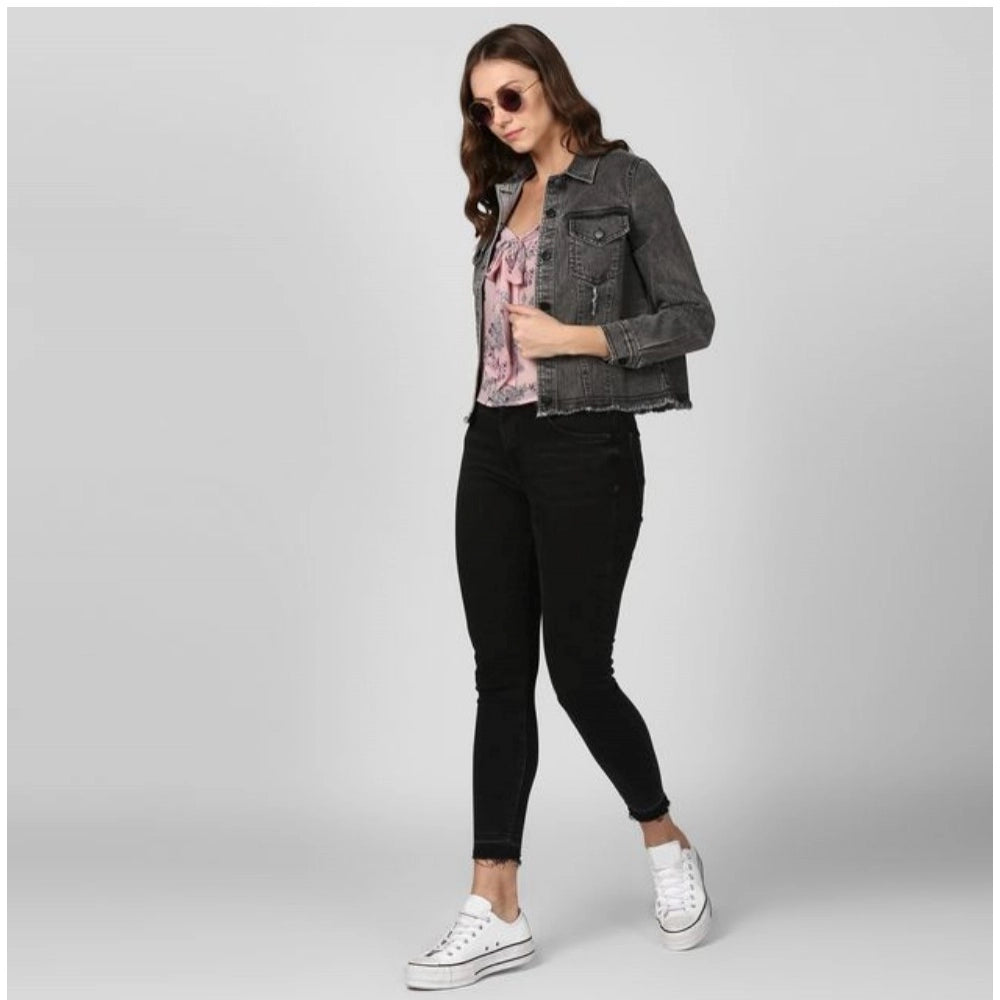 Women's denim long sleeve jacket, black, distressed style
