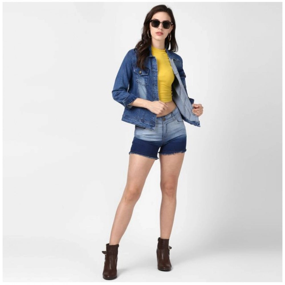 Women's denim hand-painted long sleeve jacket in blue