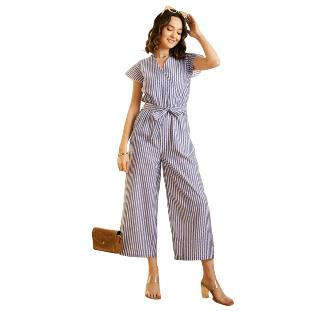 Women's chambray jumpsuit, blue and white stripes