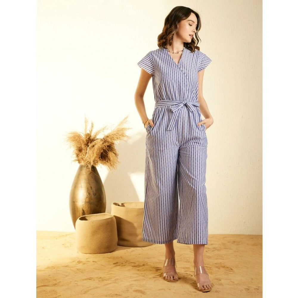 Women's blue chambray striped jumpsuit with short sleeves and tie waist
