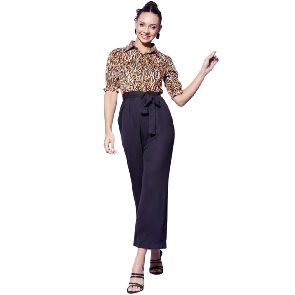 Women's half sleeve jumpsuit in orange and black polyester with animal print design