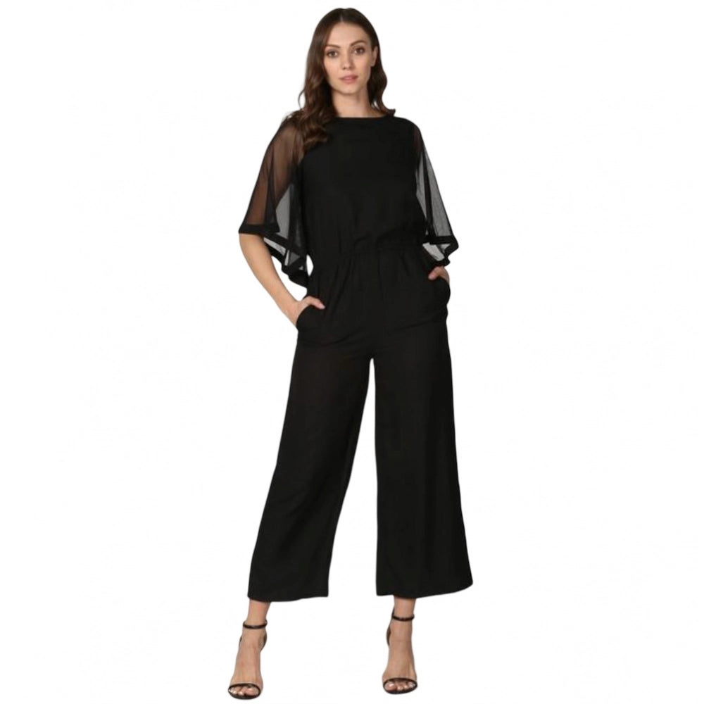Black polyester women's half-sleeve jumpsuit