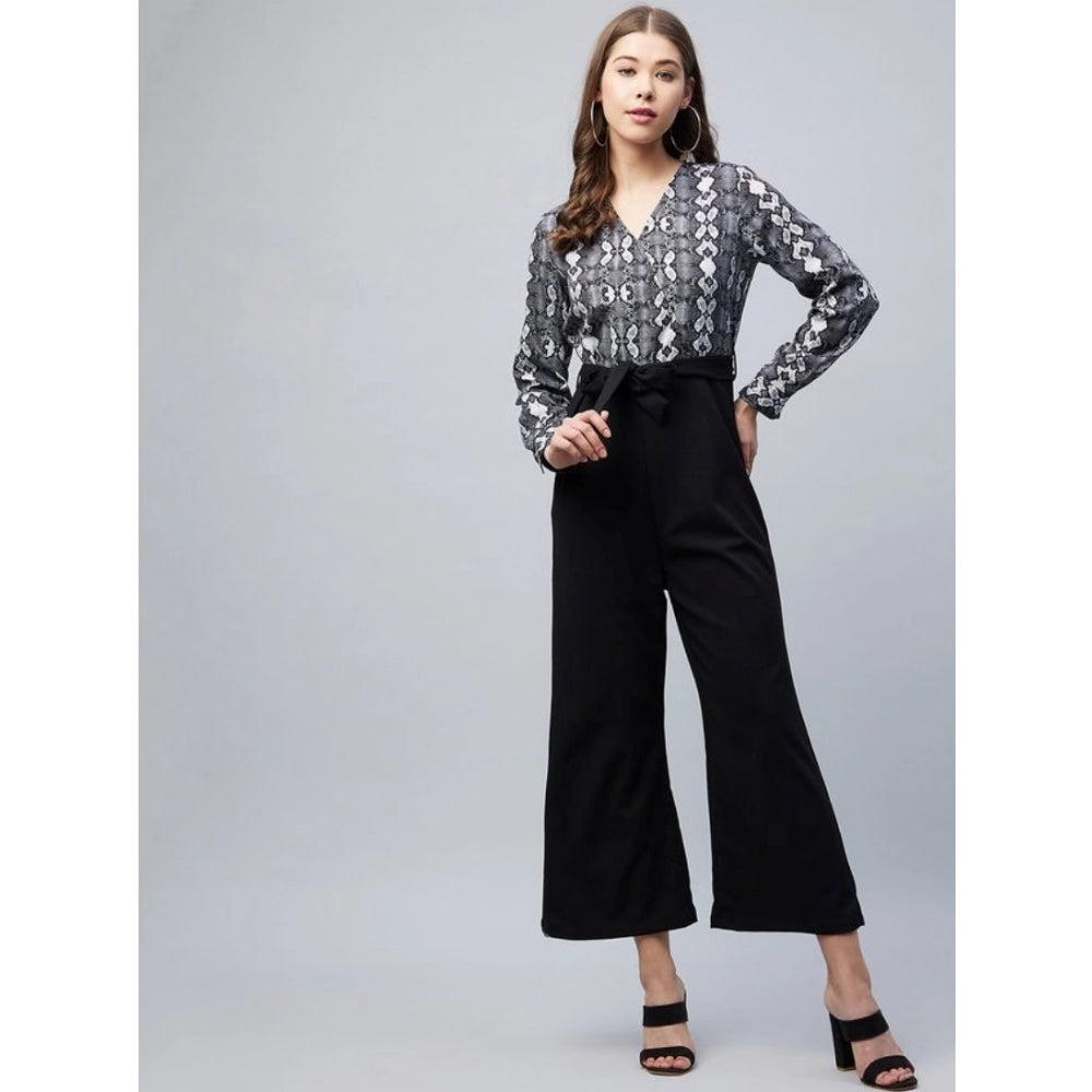 Black rayon short-sleeved jumpsuit with animal print, women's fashion, semi-formal wear