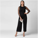 Women's black long sleeve jumpsuit with lace embellishments