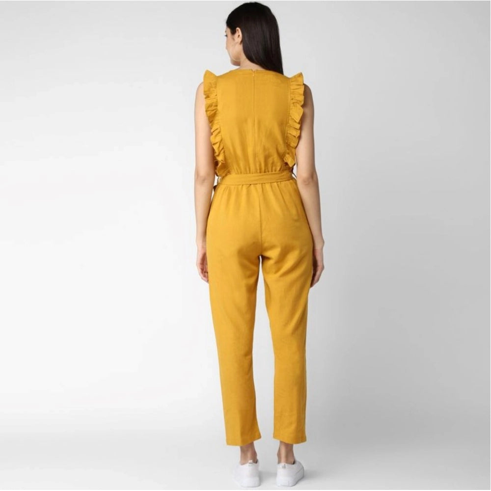 Yellow cotton jumpsuit with ruffled hem
