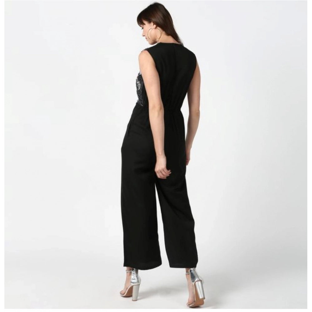 Women's black polyester embroidered sleeveless jumpsuit