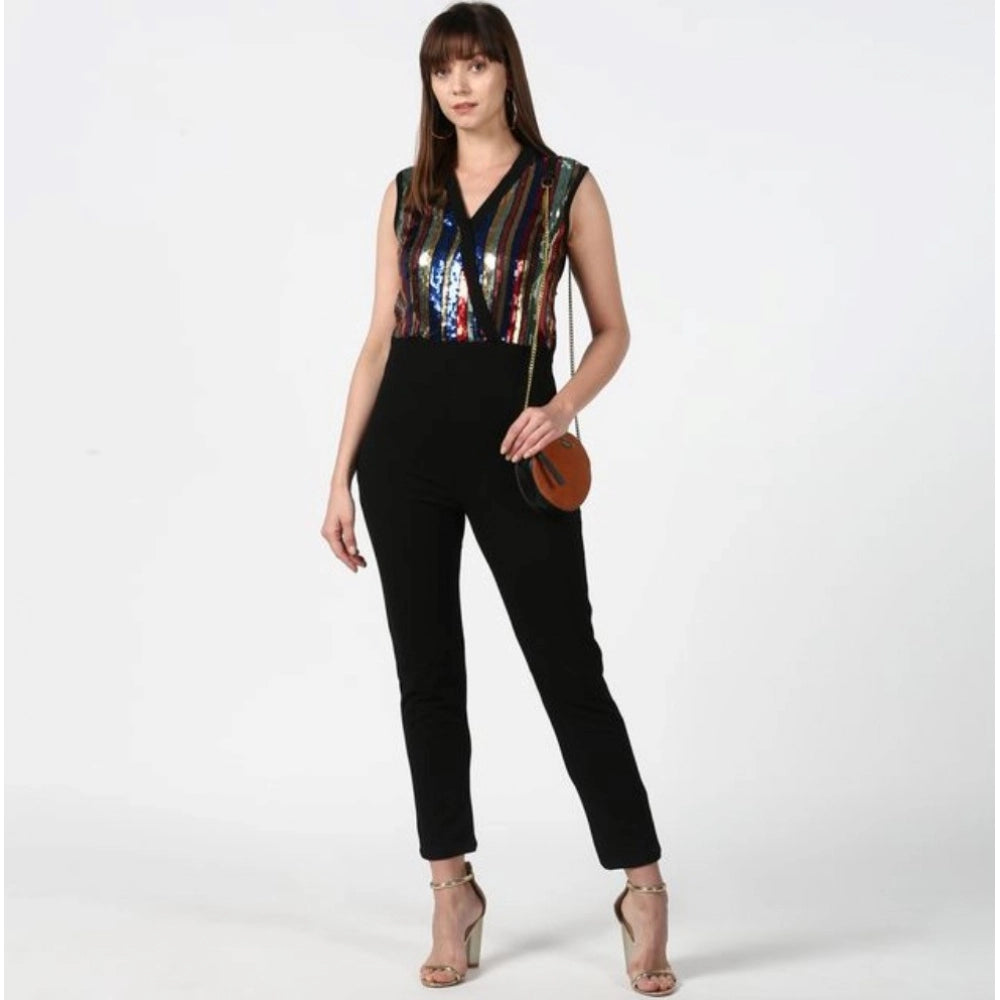 Women's black polyester embellished sleeveless jumpsuit