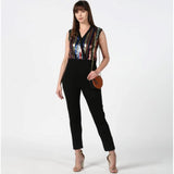 Women's black polyester embellished sleeveless jumpsuit