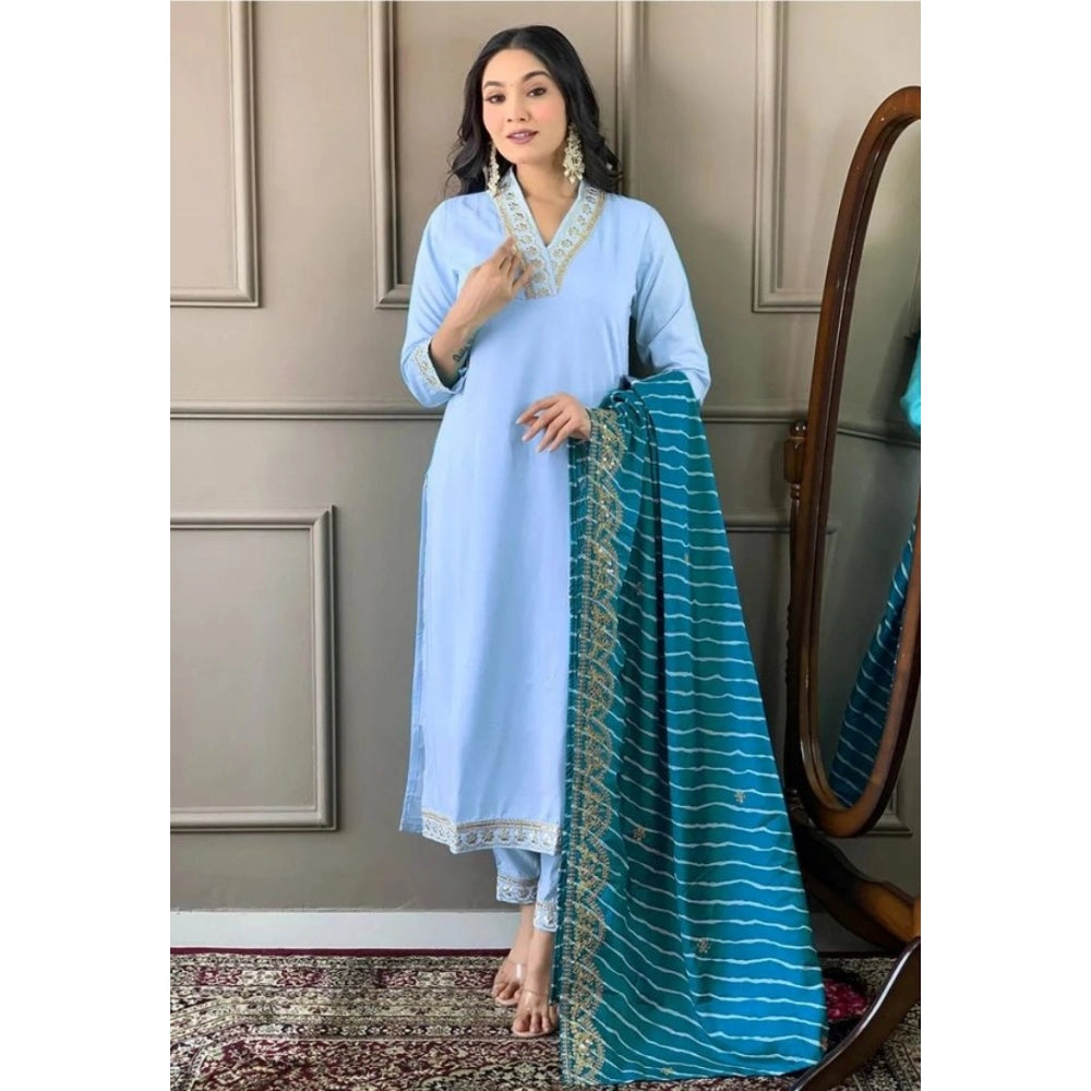 Women's Rama Roman Silk Embroidery V-Neck Kurti & Pant Dupatta Set, intricate embroidery detailing on calf-length 3/4 sleeve kurti