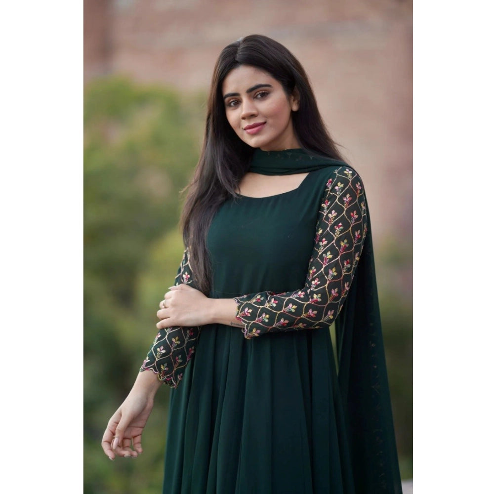 Green georgette kurti set with embroidery & dupatta. Round neck, 3/4 sleeves.