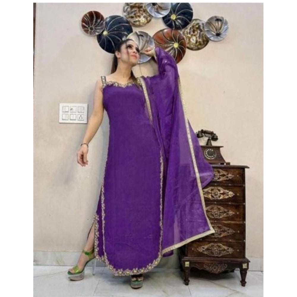 Purple georgette embroidery sleeveless round neck kurti, palazzo and dupatta set - intricate floral embroidery detail on Indian fashion set