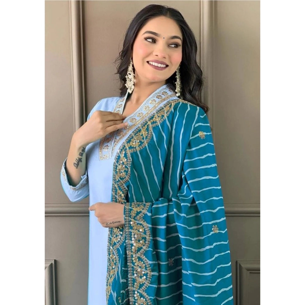 Rama colored Roman Silk embroidered V-neck kurti with pant dupatta set, showcasing intricate patterns