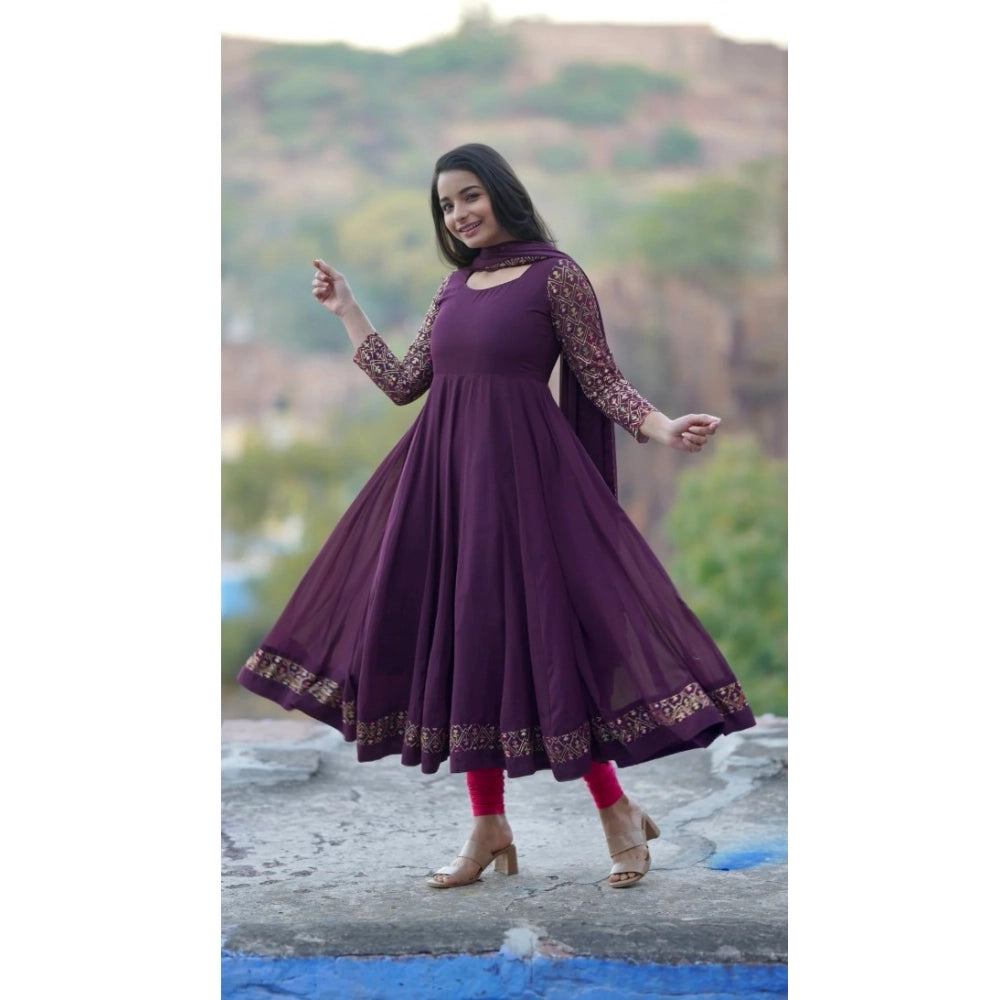 Wine Georgette kurti set with embroidery and dupatta. Round neck, 3/4 sleeves.