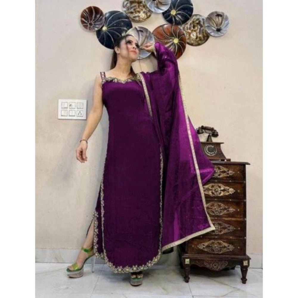 Women's wine-colored georgette embroidery sleeveless round neck kurti, palazzo and dupatta set - intricate embroidery details on a fashionable ankle-length kurti, dupatta included