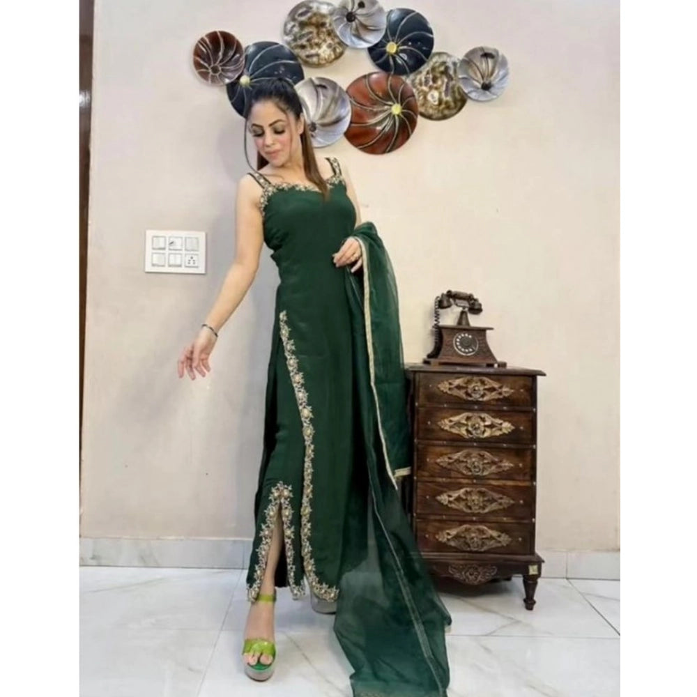 Green Georgette Embroidery Sleeveless Round Neck Kurti, Palazzo, and Dupatta set - intricate embroidered Indian fashion on display