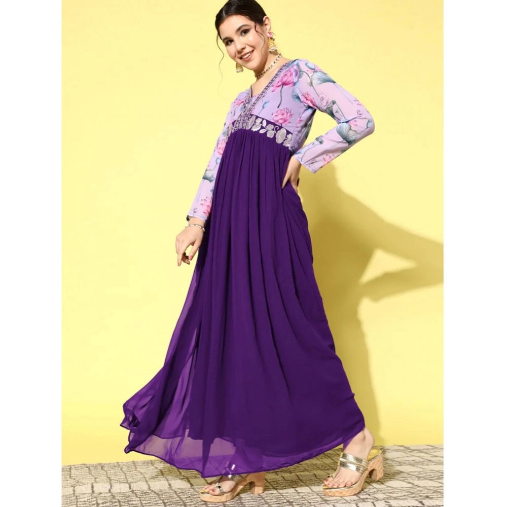 Purple Georgette embroidery V-neck kurti with 3/4 sleeves, detailed embroidery pattern on full length style