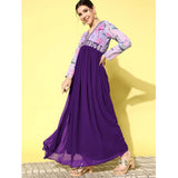 Purple Georgette embroidery V-neck kurti with 3/4 sleeves, detailed embroidery pattern on full length style