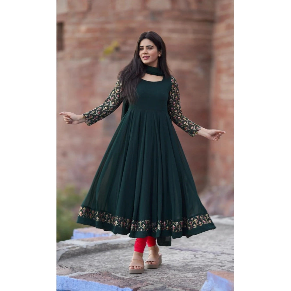 Green georgette kurti set with embroidery & dupatta. Round neck, 3/4 sleeves.