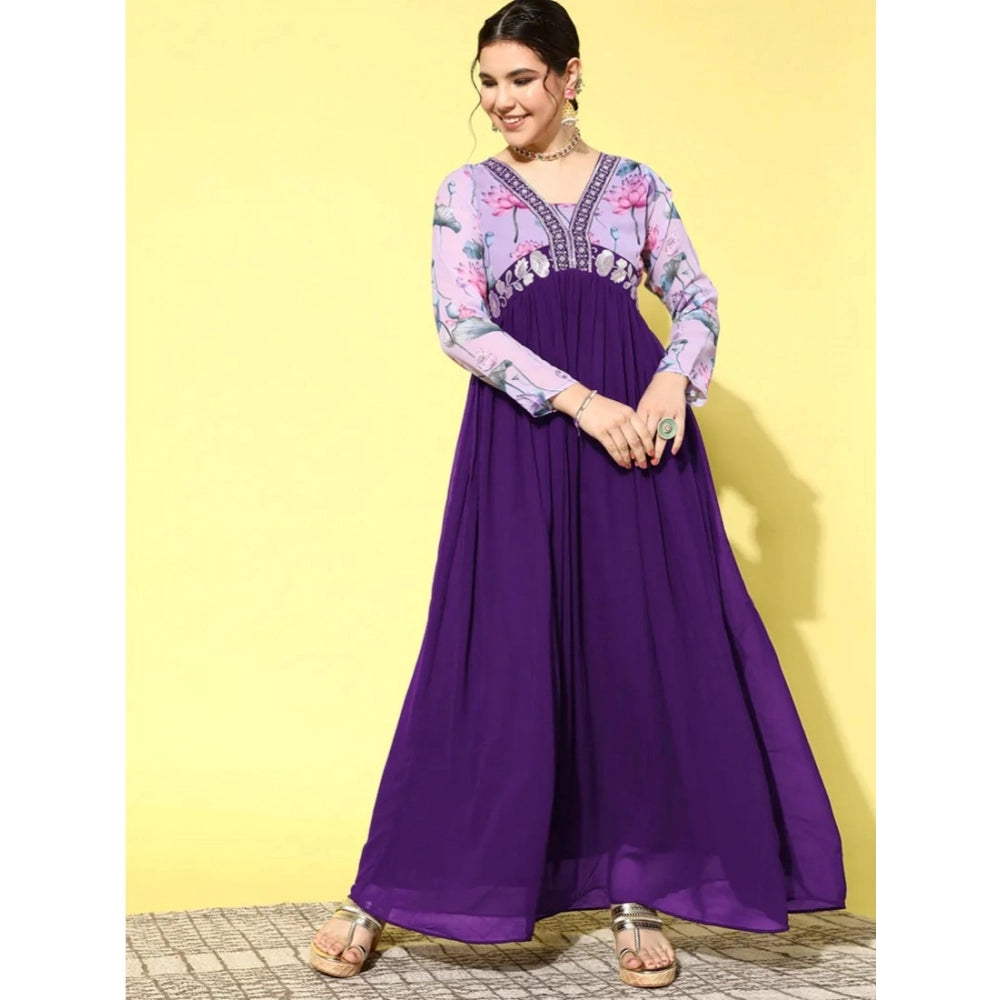 Purple georgette embroidery V-neck kurti with 3/4 sleeves, intricate pattern detail
