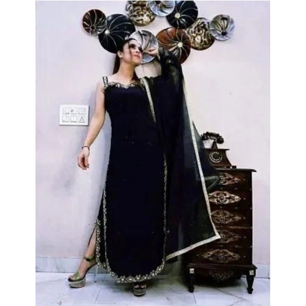 Black georgette embroidery sleeveless round neck kurti, palazzo, and dupatta set - intricate craftsmanship, ankle-length palazzo pants and matching accessories