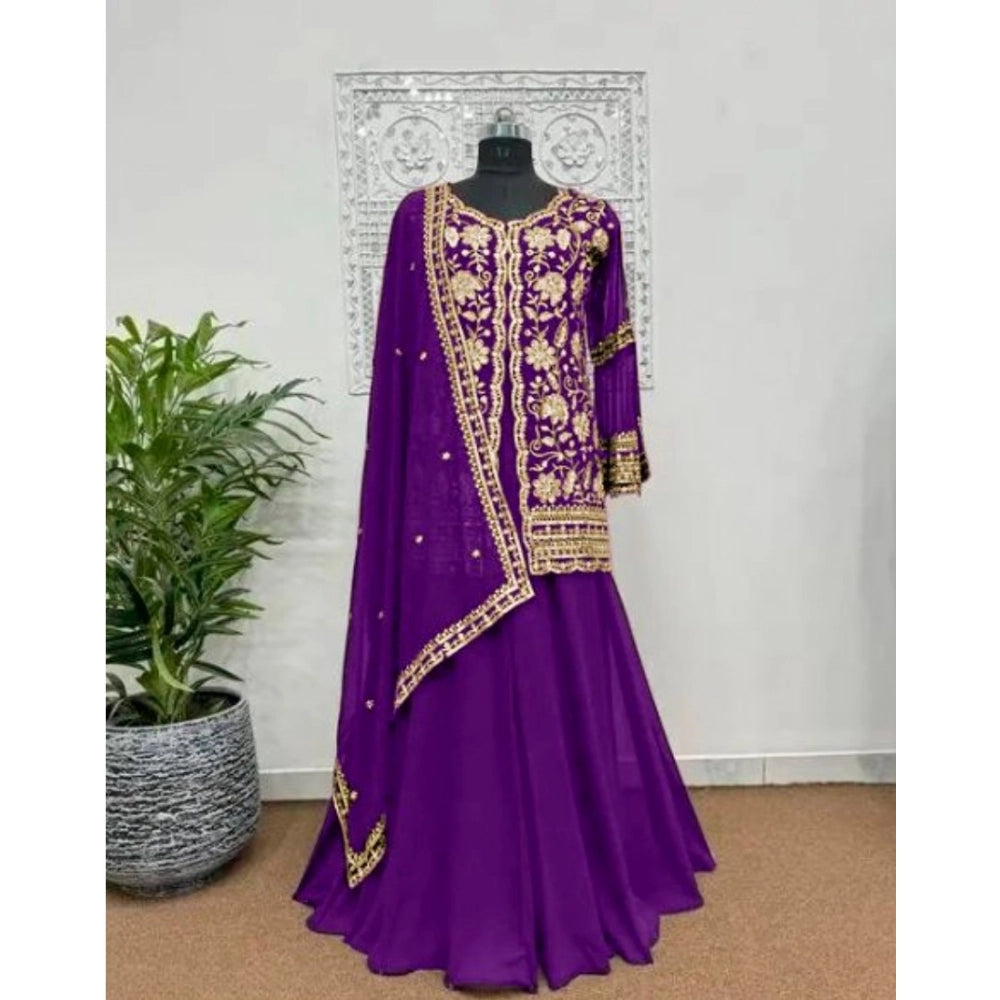 Purple Georgette embroidery V-neck kurti, palazzo and dupatta set - intricate embroidered Indian attire for women