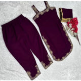 Women's wine-colored georgette embroidery sleeveless round neck kurti, palazzo and dupatta set - intricate embroidered traditional Indian attire on display