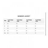 This image displays a table with details about a women's denim jacket. The jacket is long-sleeved, and it appears washed in blue. There are three options for different chest sizes, with measurements provided in inches. However, due to the limitations of an image description, I cannot include specific numbers or the visible attributes beyond what is specified above. This text provides a concise description, focusing on the product type and key feature: "Women's denim jacket, long sleeves, washed blue