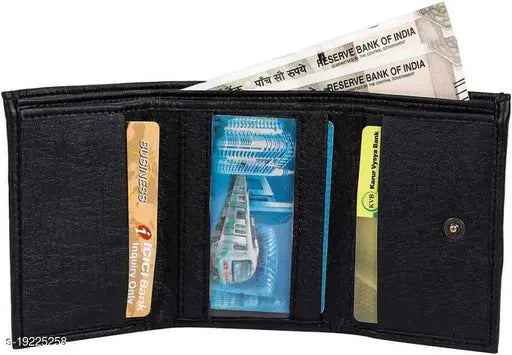 Aava black trifold PU wallet, free size with 5 compartments. Close-up view