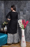 Demirner black rayon kurta-skirt ethnic set, solid net Indian traditional wear with three-quarter sleeves