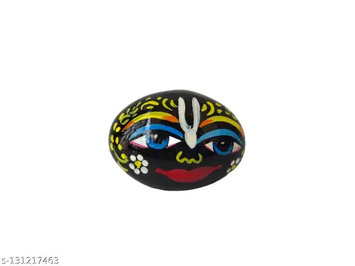 Black hand-painted Shringar Shaligram Bhagwan with box - Natural stone for divine blessings and puja. Marble Shivling, 2.5x2.5 inches, from the Gandaki River, Nepal. Decorative religious item under tulsi Mata tree