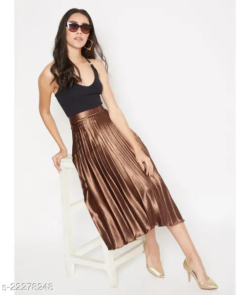 Brown pleated satin skirt, solid net, elastic waistband, uber chic, feminine charm, size 28, Indian origin