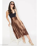 Brown pleated satin skirt, solid net, elastic waistband, uber chic, feminine charm, size 28, Indian origin