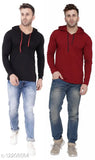 Black cotton blend hooded t-shirts pack 2 for men, solid design, short sleeves, S to XL sizes available