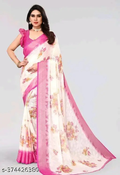 Indian chiffon saree with printed solid net running blouse, single free size (5.5m/0.8m)
