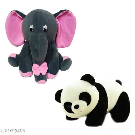 Grey baby elephant & panda soft toys, unisex fabric net combo for kids, made in India, free size (6in x 6in x 10in)
