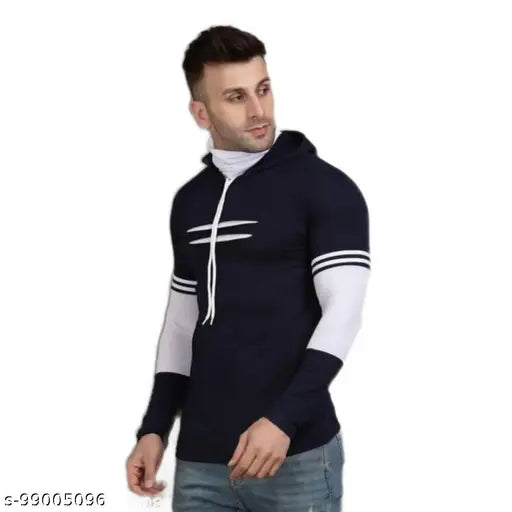 Navy blue cotton blend long sleeve solid color hoodie with built-in mask for men, trendy and comfortable casual wear